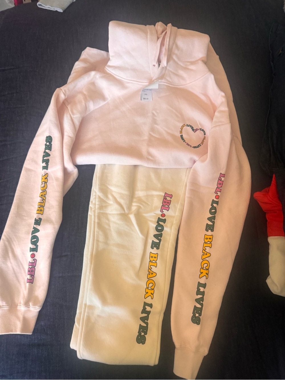 Womens Pink and Cream Sweatpants Set with 'Love Black Lives' Sleeve Graphics cro